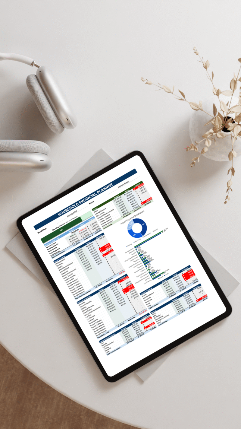 A tablet on a table showing the household financial planner.