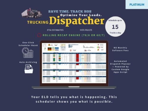 Platinum trucking dispatcher for up to 15 trucks a day, shown on a laptop: ETA estimates, hours-of-service rules with a 70/8 or 60/7 rolling recap, one-click scheduler reset and automatic archiving. Runs in Google Sheets with no monthly software fees.