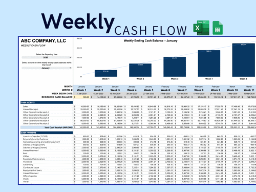 Weekly cash flow for a sample company: a chart of weekly ending cash balance for the chosen month, and cash receipts and cash payments by week with beginning cash balance. Excel and Google Sheets.