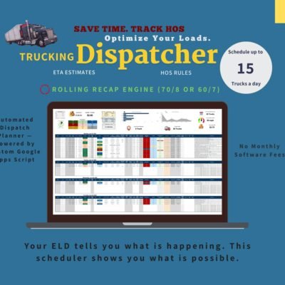 Gold trucking dispatcher for up to 15 trucks a day, shown on a laptop: ETA estimates, hours-of-service rules with a 70/8 or 60/7 rolling recap, and an automated dispatch planner in Google Sheets with no monthly software fees.