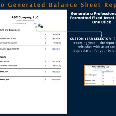 Fixed asset balance sheet report for a chosen year: property, plant and equipment and intangible assets at cost, less accumulated depreciation and amortization, and total fixed assets.