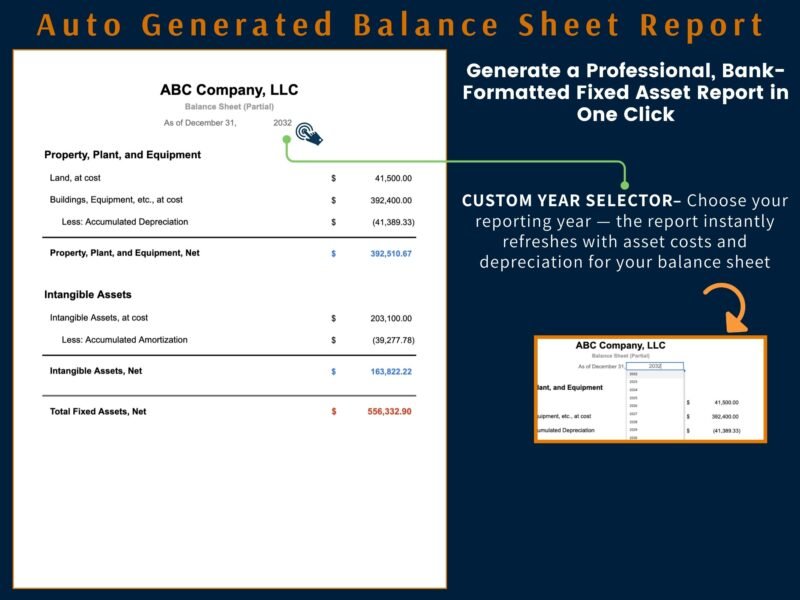 Fixed asset balance sheet report for a chosen year: property, plant and equipment and intangible assets at cost, less accumulated depreciation and amortization, and total fixed assets.