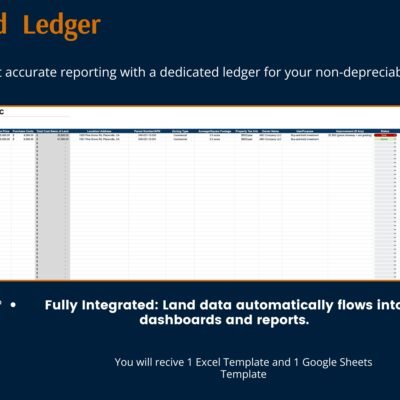 Land ledger for non-depreciable land: each property's purchase details, location, parcel number, zoning, owner and status; land data flows into the dashboards and reports. You receive 1 Excel template and 1 Google Sheets template.