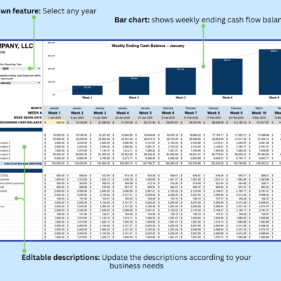 3 Weekly cash flow for a whole year: select the year and a month to see a bar chart of weekly ending cash balance; descriptions can be edited.