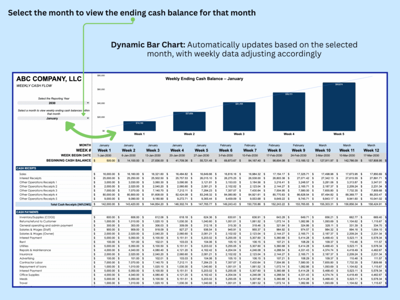 5 Weekly cash flow: select a month to see its weekly ending cash balance; the bar chart updates.