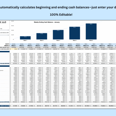 6 Weekly cash flow: beginning and ending cash balances are calculated from your data; everything can be edited.
