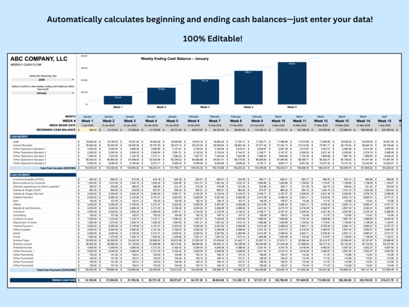 6 Weekly cash flow: beginning and ending cash balances are calculated from your data; everything can be edited.
