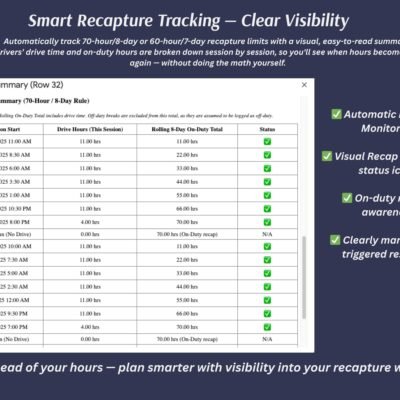 Recapture tracking: a trip recap summary for 70-hour/8-day or 60-hour/7-day limits, with drive hours per session, rolling on-duty totals and status icons.