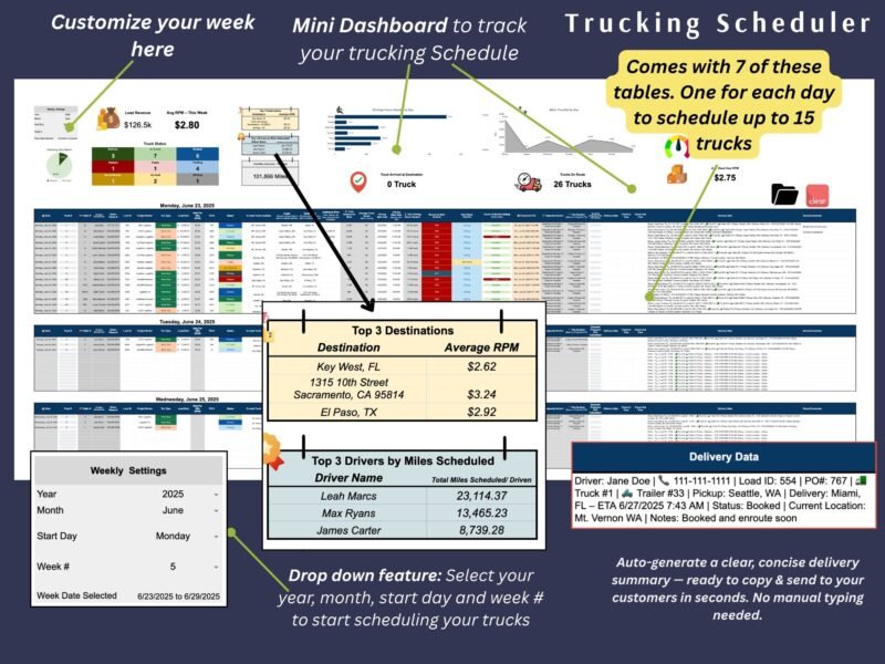 Trucking scheduler with a mini dashboard: weekly settings, load revenue, truck status, top destinations by rate per mile, top drivers by miles, 7 daily tables for up to 15 trucks, and an automatic delivery summary to send to customers.