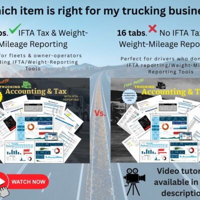Copy of Trucking Spreadsheet (1) Comparison of the two Full Suite versions: with IFTA has 20 tabs, including IFTA tax and weight-mile reporting; without IFTA has 16 tabs. A video tutorial is linked in the description.