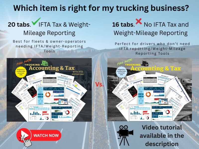 Copy of Trucking Spreadsheet (1) Comparison of the two Full Suite versions: with IFTA has 20 tabs, including IFTA tax and weight-mile reporting; without IFTA has 16 tabs. A video tutorial is linked in the description.