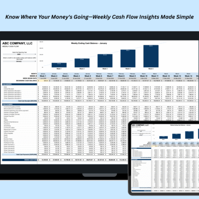 Copy of Trucking Spreadsheet (2) The weekly cash flow template shown on a laptop and tablet.