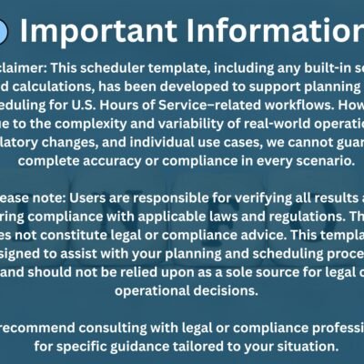 Important information: this scheduler supports planning for U.S. Hours of Service workflows, but accuracy and compliance cannot be guaranteed in every case. Users verify all results; it is not legal or compliance advice.