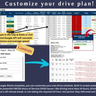 Customize your drive plan: enter custom drive hours, rest hours and break minutes; alerts flag possible Hours of Service issues such as driving past 14 hours or without a 30-minute break.