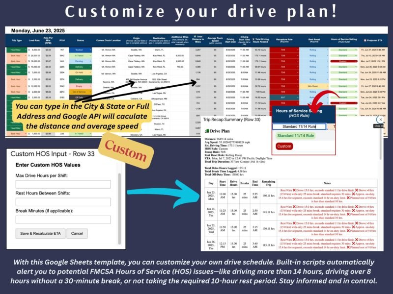 Customize your drive plan: enter custom drive hours, rest hours and break minutes; alerts flag possible Hours of Service issues such as driving past 14 hours or without a 30-minute break.