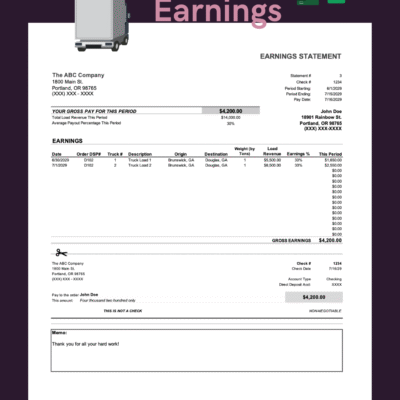 Trucking earnings statement for a sample driver: gross pay for the period, a list of loads with origin, destination, load revenue and earnings percent, and a pay stub section. Excel and Google Sheets.