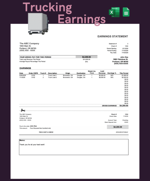 Trucking earnings statement for a sample driver: gross pay for the period, a list of loads with origin, destination, load revenue and earnings percent, and a pay stub section. Excel and Google Sheets.