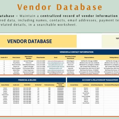 Vendor database: contact details, payment terms, credit limits, tax IDs and account status for each vendor.