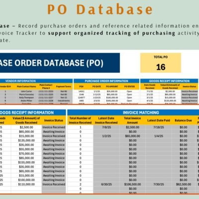 Purchase order database: vendor, PO amount and status, goods received, invoice status and remaining PO balance for each purchase order.