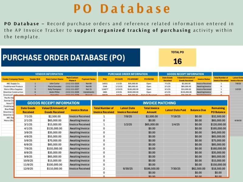 Purchase order database: vendor, PO amount and status, goods received, invoice status and remaining PO balance for each purchase order.