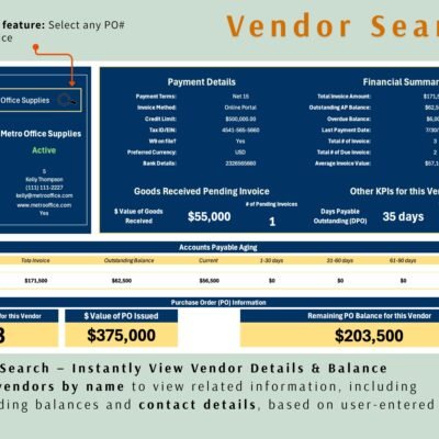 Vendor search: choosing a vendor shows contact details, payment terms, invoice totals, overdue balance, aging and purchase order totals for that vendor.
