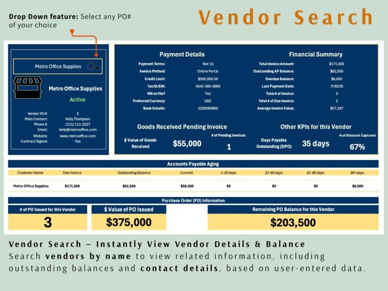 Vendor search: choosing a vendor shows contact details, payment terms, invoice totals, overdue balance, aging and purchase order totals for that vendor.
