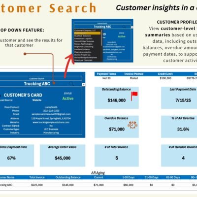 Customer search: choosing a customer shows a profile card with contact details, outstanding and overdue balances, last payment date, on-time payment rate and that customer's aging.
