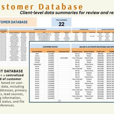 Customer database: contact details, customer type, lead source, account status, payment terms, credit limit and industry for each customer.
