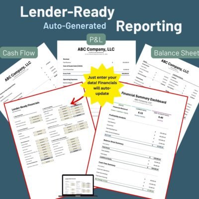 187 Lender-ready financial reports, generated automatically: a profit and loss statement, balance sheet and cash flow statement, a data entry sheet, and a financial summary dashboard with key ratios.