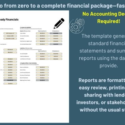 190 Data input and setup sheet: reporting details, income and expenses, assets and liabilities, and equity and other cash activity; the template creates standard financial statements and summary reports from it, formatted for printing and sharing with lenders.