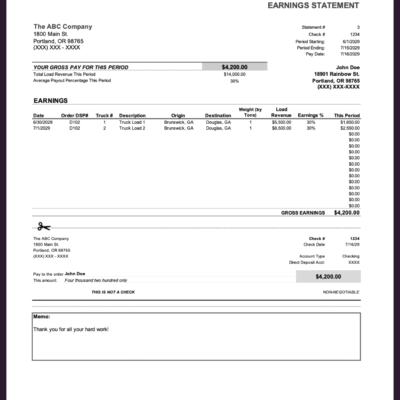 Trucking earnings statement for a sample driver: gross pay for the period from load revenue and payout percentage, loads with origin, destination, weight, revenue and earnings percent, a detachable pay section and a memo.