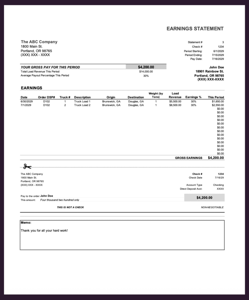 Trucking earnings statement for a sample driver: gross pay for the period from load revenue and payout percentage, loads with origin, destination, weight, revenue and earnings percent, a detachable pay section and a memo.