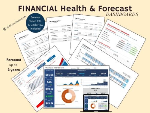 Financial health and forecast dashboards, including a balance sheet, profit and loss and cash flow: a financial dashboard with cash on hand and profitability figures, forecast assumptions and a forecast of up to 3 years.