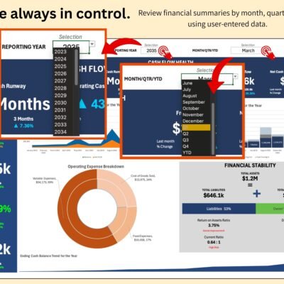 203 Financial dashboard selectors: choose the reporting year and the month, quarter or year to date.