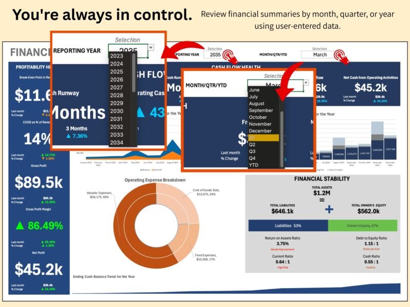 203 Financial dashboard selectors: choose the reporting year and the month, quarter or year to date.