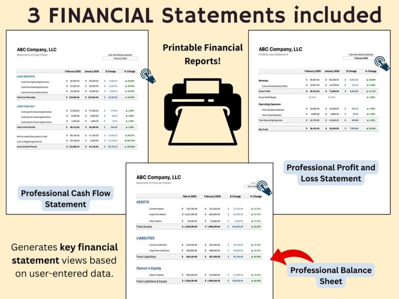 206 Printable financial statements created from your data: a cash flow statement, profit and loss statement and balance sheet.