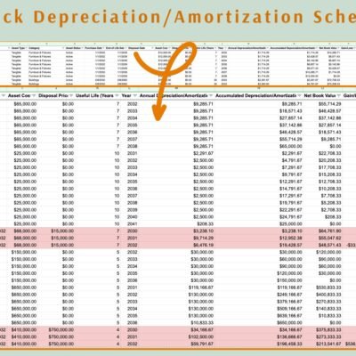 244 Close-up of the depreciation schedule: annual and accumulated depreciation, net book value and gain or loss, with disposed assets highlighted.