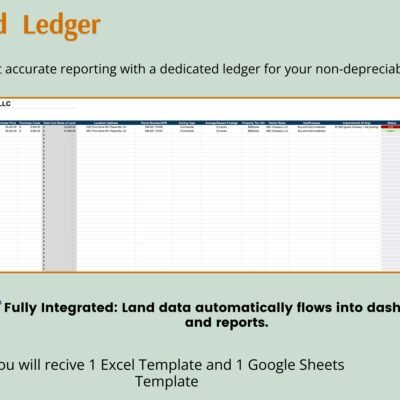 246 Land ledger for non-depreciable land: land data flows into the dashboards and reports. You receive 1 Excel template and 1 Google Sheets template.