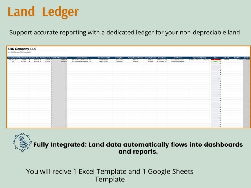 246 Land ledger for non-depreciable land: land data flows into the dashboards and reports. You receive 1 Excel template and 1 Google Sheets template.