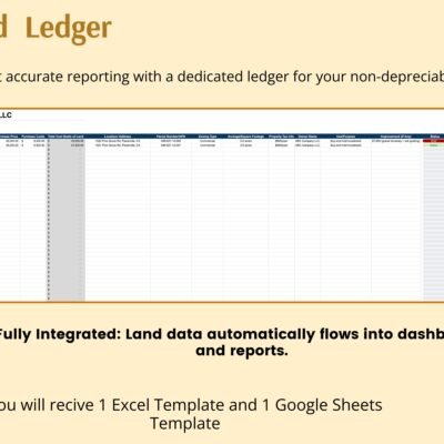 253 Land ledger for non-depreciable land: land data flows into the dashboards and reports. You receive 1 Excel template and 1 Google Sheets template.