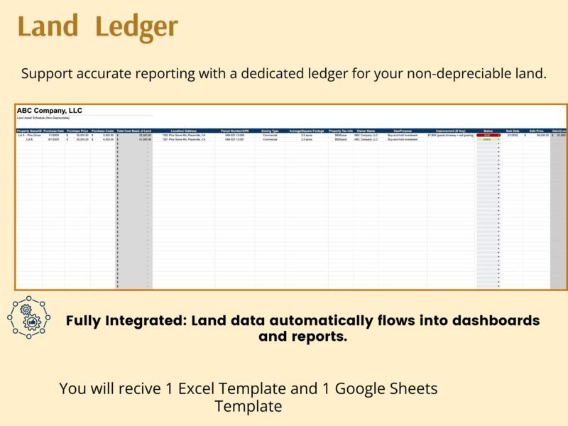 253 Land ledger for non-depreciable land: land data flows into the dashboards and reports. You receive 1 Excel template and 1 Google Sheets template.