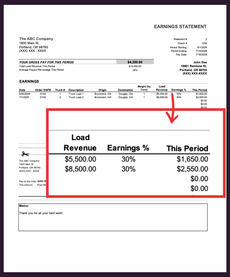Close-up of the earnings statement: load revenue, earnings percent and pay for this period for each load.
