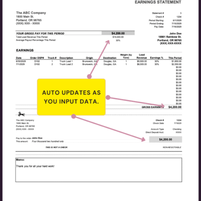 The earnings statement updates automatically as data is entered: gross pay, gross earnings and the pay amount.