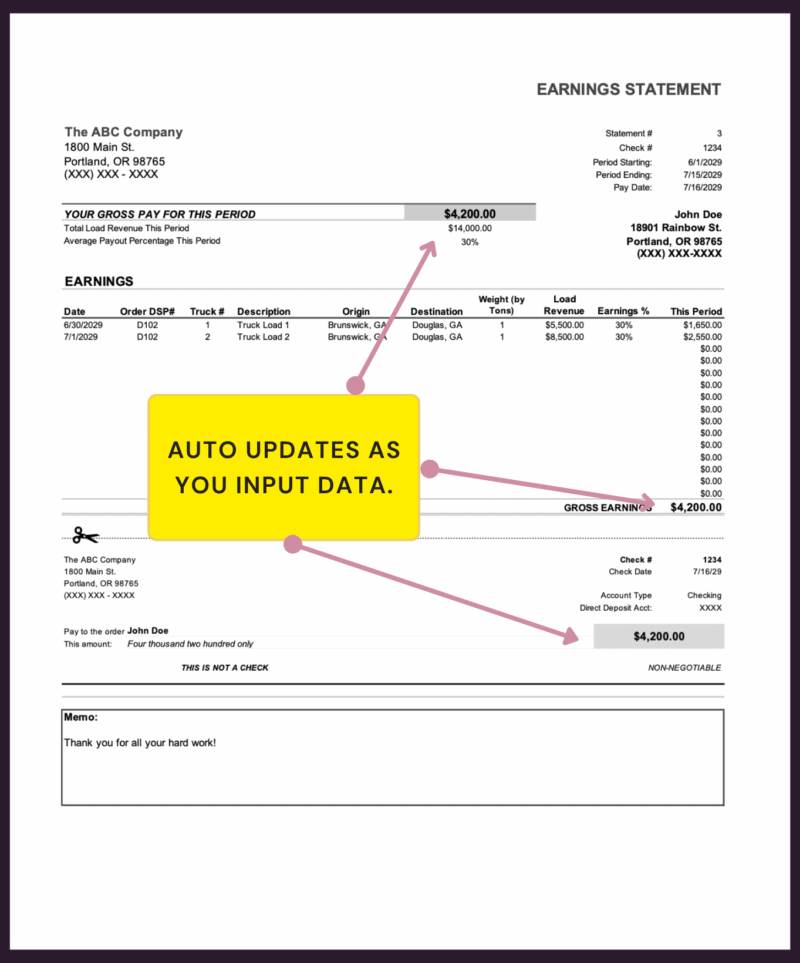The earnings statement updates automatically as data is entered: gross pay, gross earnings and the pay amount.