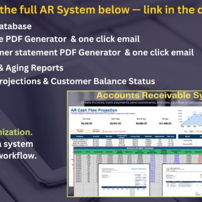 The separate Accounts Receivable System: customer database, invoice and customer statement PDFs with one-click email, AR tracker and aging reports, and cash flow projections. Customization is available; the link is in the description.