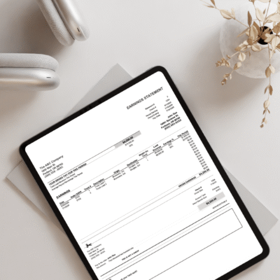 A tablet on a table showing a printed-style earnings statement.