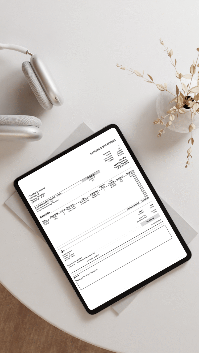 A tablet on a table showing a printed-style earnings statement.