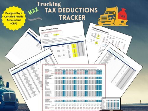 Max Trucking Tax Deductions Tracker, designed by a Certified Public Accountant: income and settlements, travel and per diem, vehicle, business and miscellaneous deductions, an estimated tax calculator and a tax financial statement.