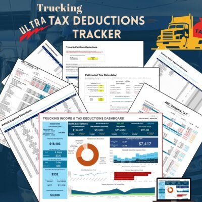 Ultra Trucking Tax Deductions Tracker: a collage of its sheets, including the income and tax deductions dashboard, estimated tax calculator, travel and per diem, vehicle, business and miscellaneous deductions, and income and settlements.
