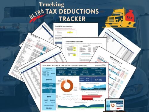 Ultra Trucking Tax Deductions Tracker: a collage of its sheets, including the income and tax deductions dashboard, estimated tax calculator, travel and per diem, vehicle, business and miscellaneous deductions, and income and settlements.